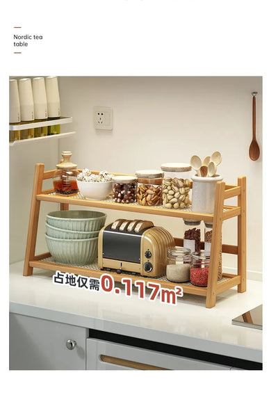 2 Layer Spice Caddy Shelf Bamboo Kitchen Storage Rack Desktop Cabinet Organizer Display Rack Coffee Bar Counter Shelf Cup Holder by Smarsty