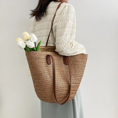 Large Capacity Straw Beach Tote Woven Shoulder Bag Summer - Smarsty