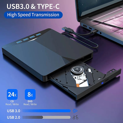 7 In 1 USB3.0 Type-C External Mobile Drive CD DVD Burner Plug-and-Play Slim for Windows 11/10/8/7/Linux/ OS