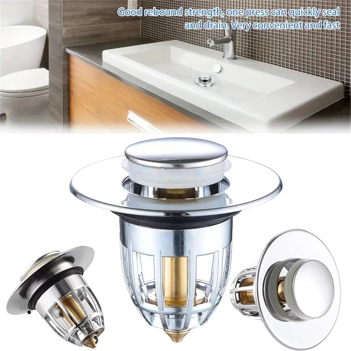 Universal Rebound Drain Plug Filter Basin Pop-up Chrome Sink Filter with Hair Catcher Bathroom Sink Drain Stopper Easy Push Type - Smarsty