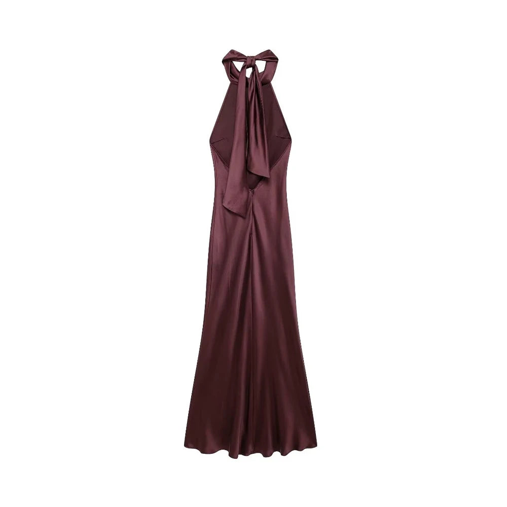 TRZA-Women's Long Satin Halter Dress, Backless, Bow Tied, Back Zipper, Female Dresses, Sexy Fashion - Smarsty