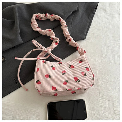 Corduroy Underarm Bag For Women Strawberry Print Mini Tote - Smarsty
