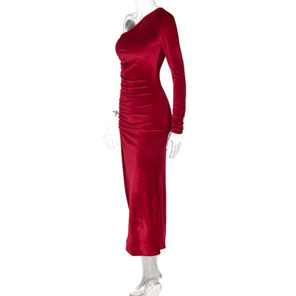 Women Elegant Long Sleeve Party Evening Velvet Bodycon Split Pencil Midi Dress Spring Autumn Clothes - Smarsty