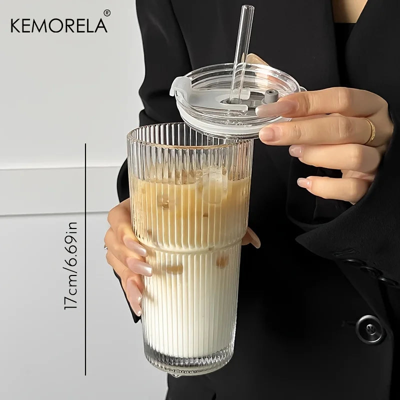 600ML Eco-Friendly Stripe Glass Coffee Cup with Lid - Smarsty