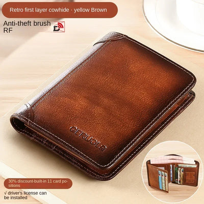 Men Wallet Genuine Leather Rfid Blocking Trifold Wallet Vintage Thin Short Multi Function ID Credit Card Holder Male Purse Money - Smarsty