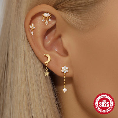 925 Silver Star Moon Zircon Stud Earrings Hypoallergenic - Smarsty