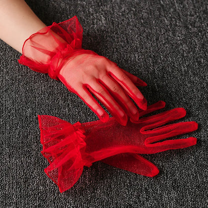 Women Lace Tulle Gloves Stretchy Full Finger Wedding Gloves - Smarsty