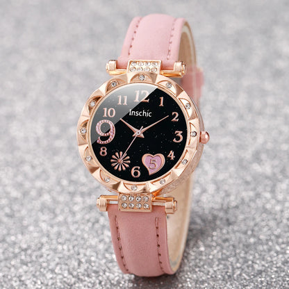 Fashion Heart Dial Women's Watch Set with Leather Band - Smarsty