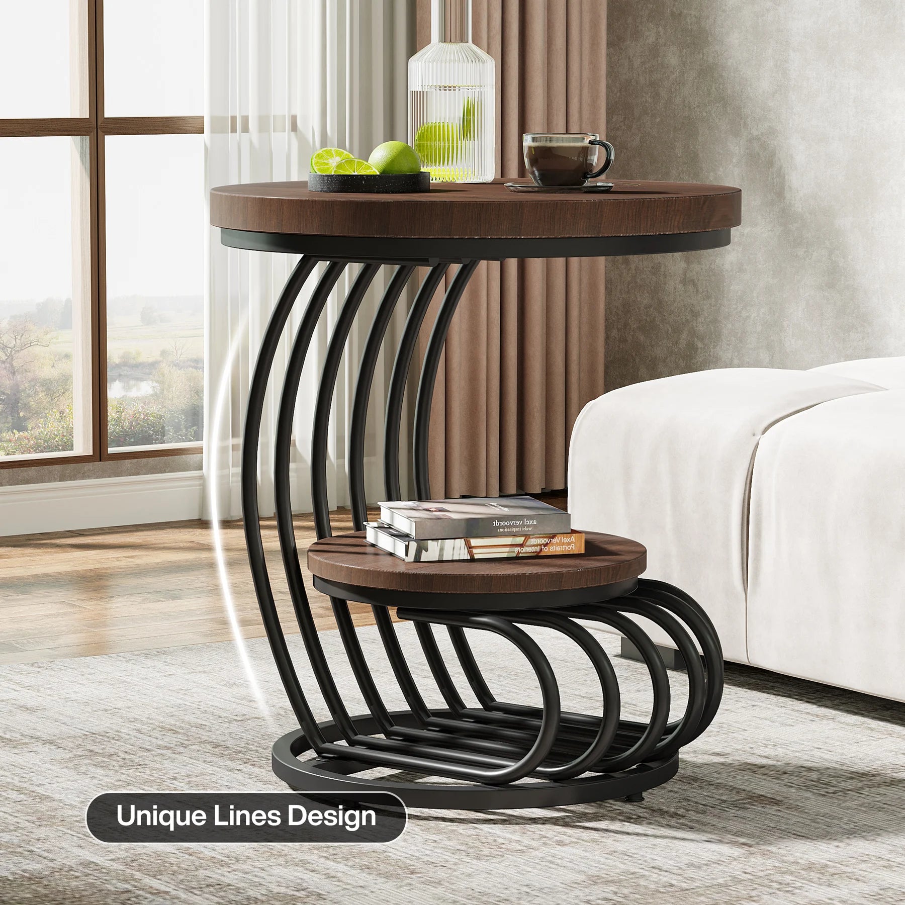 Tribesigns Gold Round End Table: 2 Tiers Faux Marble Side Table with Storage Shelf, Modern White Gold Bedside Nightstand