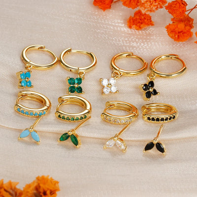 Green Zircon Flower Dangle Earrings Set for Women Fashion Jewelry - Smarsty