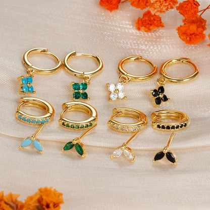 Green Zircon Flower Dangle Earrings Set for Women Fashion Jewelry - Smarsty