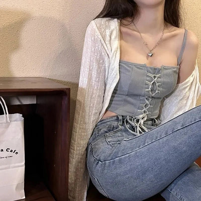 2024 White Tie Up Summer Cardigan Women Sexy Long Sleeve Sheer Mesh Crop Tops Woman Chic All Match Short Printed T Shirt Mujer - Smarsty