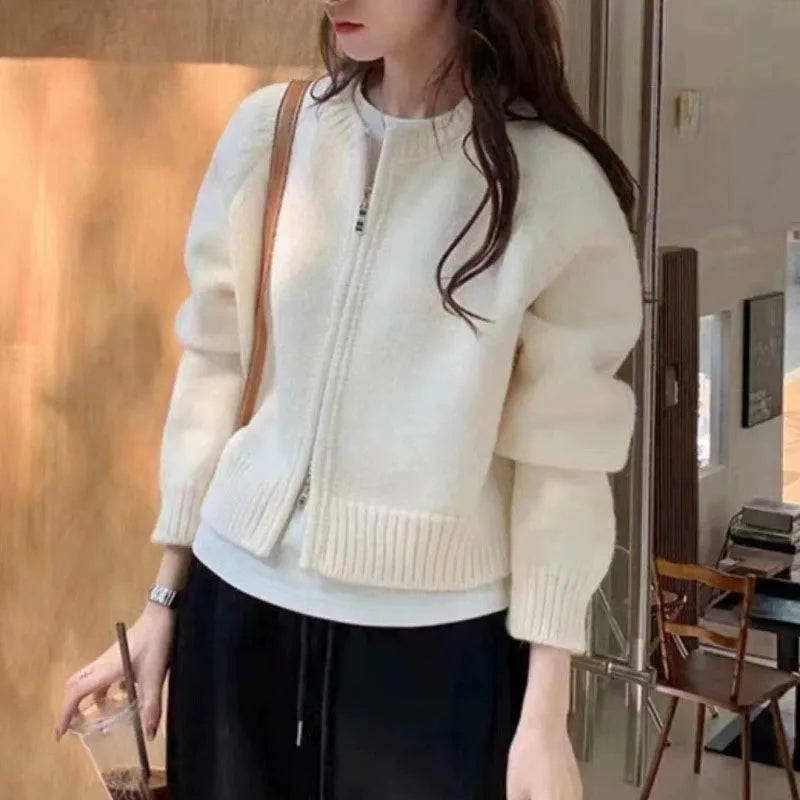 Autumn Winter Short Knitting Cardigan Women Solid Color Long Sleeve Round Neck Sweater Jacket 2025 Casual Zipper Sweater Coats - Smarsty