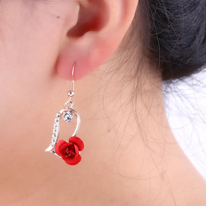 Red Rose Drop Earrings for Women Vintage Rhinestone Design - Smarsty