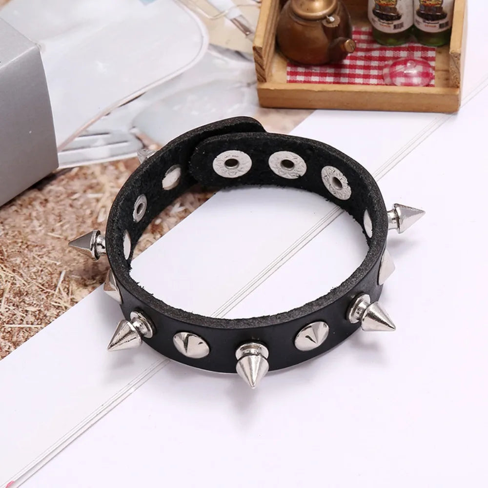 Black Goth Leather Bracelets Set with Rivet Spikes - Smarsty