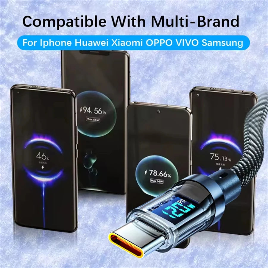 NNBILI 120W Super Fast Charging Cable Real-time Digital Display USB A to Type C data Cable For iPhone Android Phones Universal - Smarsty