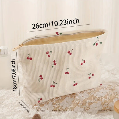 Cherry Print Corduroy Makeup Bag With Lightweight Zipper - Smarsty