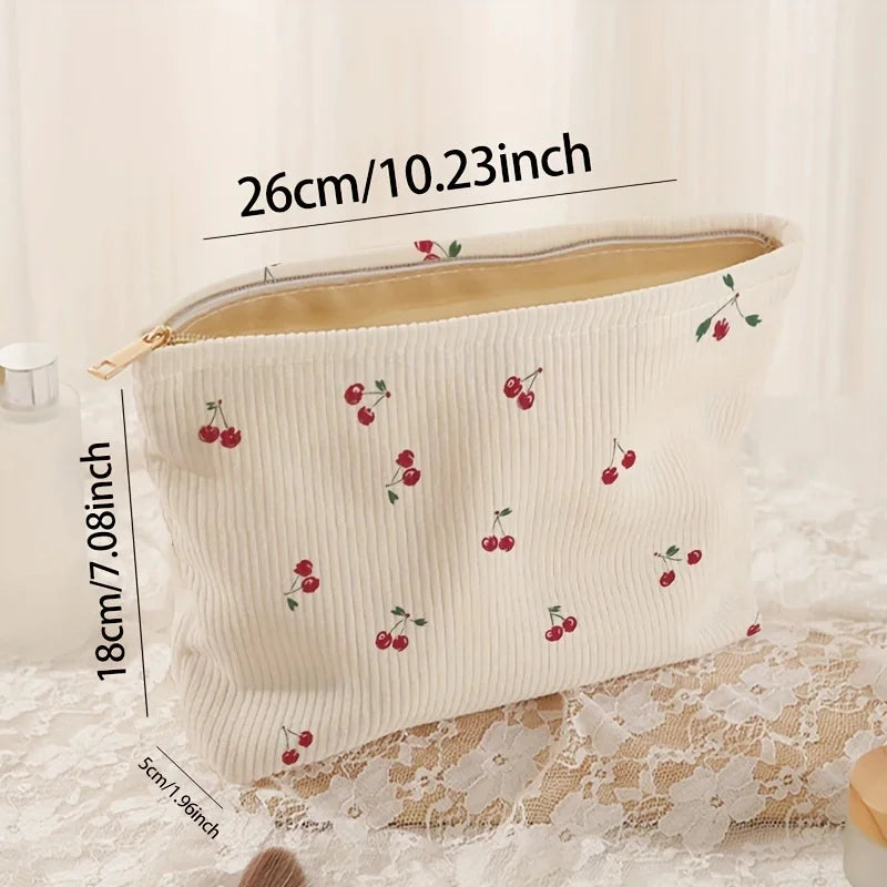 Cherry Print Corduroy Makeup Bag With Lightweight Zipper - Smarsty