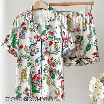 Fashion Print Flower 2PCS Pajamas Set Women Sleepwear Spring Summer Trouser Suits Lounge Wear Loose Satin Homewear Pijamas Suit - Smarsty