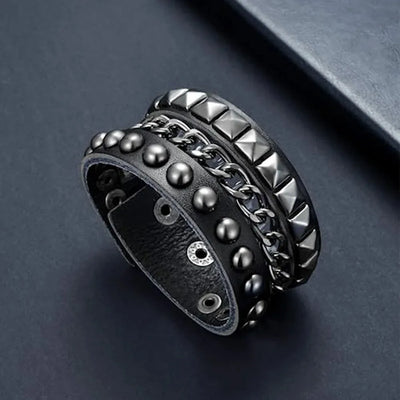 Black Goth Leather Bracelets Set with Rivet Spikes - Smarsty