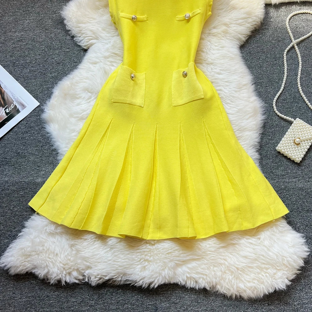 YuooMuoo Chic Fashion 2025 Summer Pleated Short Dress Women O-neck Slim Waist A-line Party Dress Streetwear Lady Outfits Vestido - Smarsty