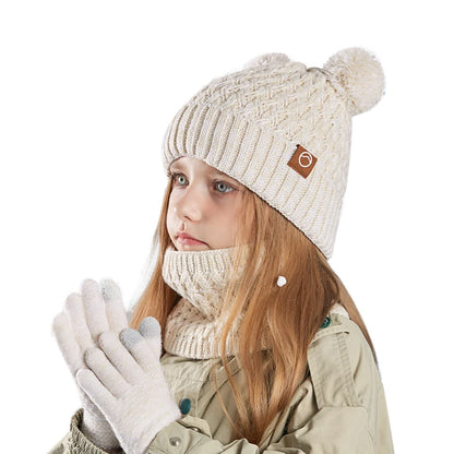 Winter Kids Hat Set Warm Beanie Scarf Gloves Pompom Fleece - Smarsty