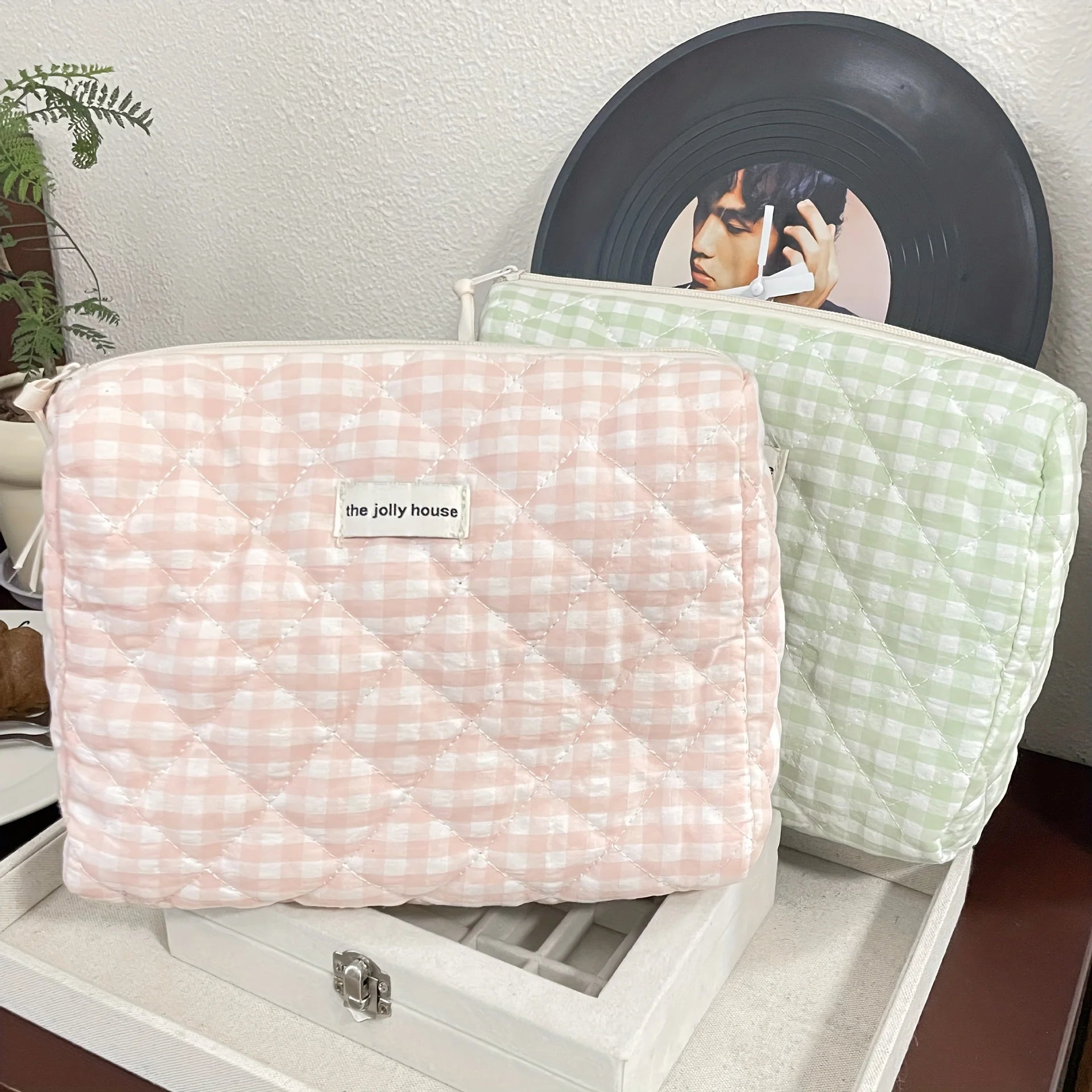 Solid Color Plaid Makeup Bag Travel Cosmetic Organizer - Smarsty