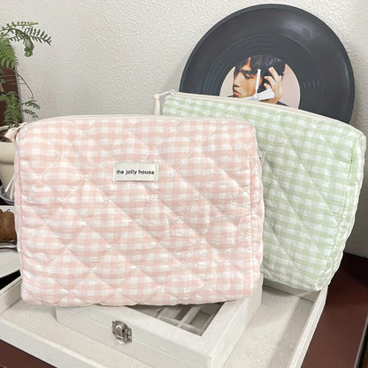 Solid Color Plaid Makeup Bag Travel Cosmetic Organizer - Smarsty