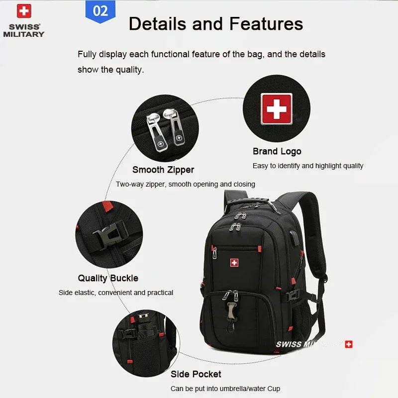 SWISS MILITARY Fashion Travel Multifunction Large Capacity Male Bag Usb Charging Waterproof 23 inch Laptop Backpack Men Mochila - Smarsty