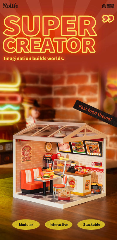 Robotime Rolife Super Creator Series Plastic Dollhouse Building Blocks for Kids Yum Burgers Leisurely Cheers Bar Sweet Sips Tea