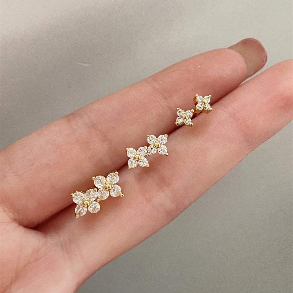 Minimalist Flower Stud Earrings Gold Cubic Zirconia - Smarsty