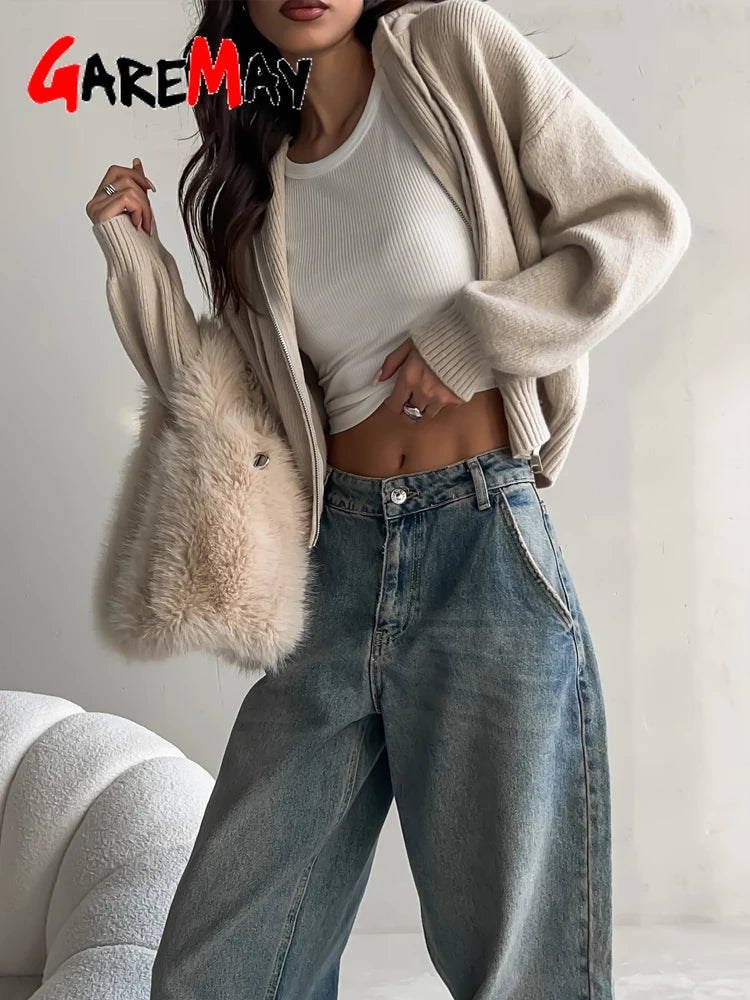 Autumn Knitted Women's Short Cardigan with Zipper Gray Winter Sweater Casual Cute Vintage White Cardigan for Women with Hood - Smarsty