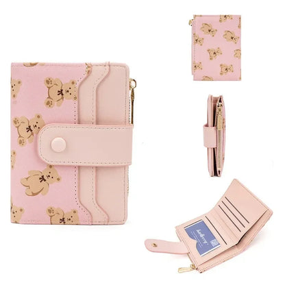 Women Short Wallets PU Leather Female Bifold Purses Cute Bear Card Holder Wallet for Girl Small Zipper Wallet with Coin Purse - Smarsty