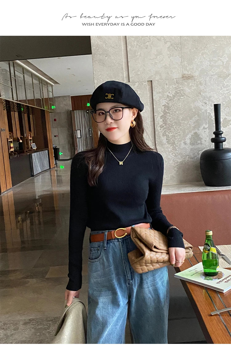 Autumn Winter Mock Neck Women Sweater Vintage Basic Solid Knitted Korean Tops Casual Slim Pullover Sweaters Simple Chic Jumpers - Smarsty