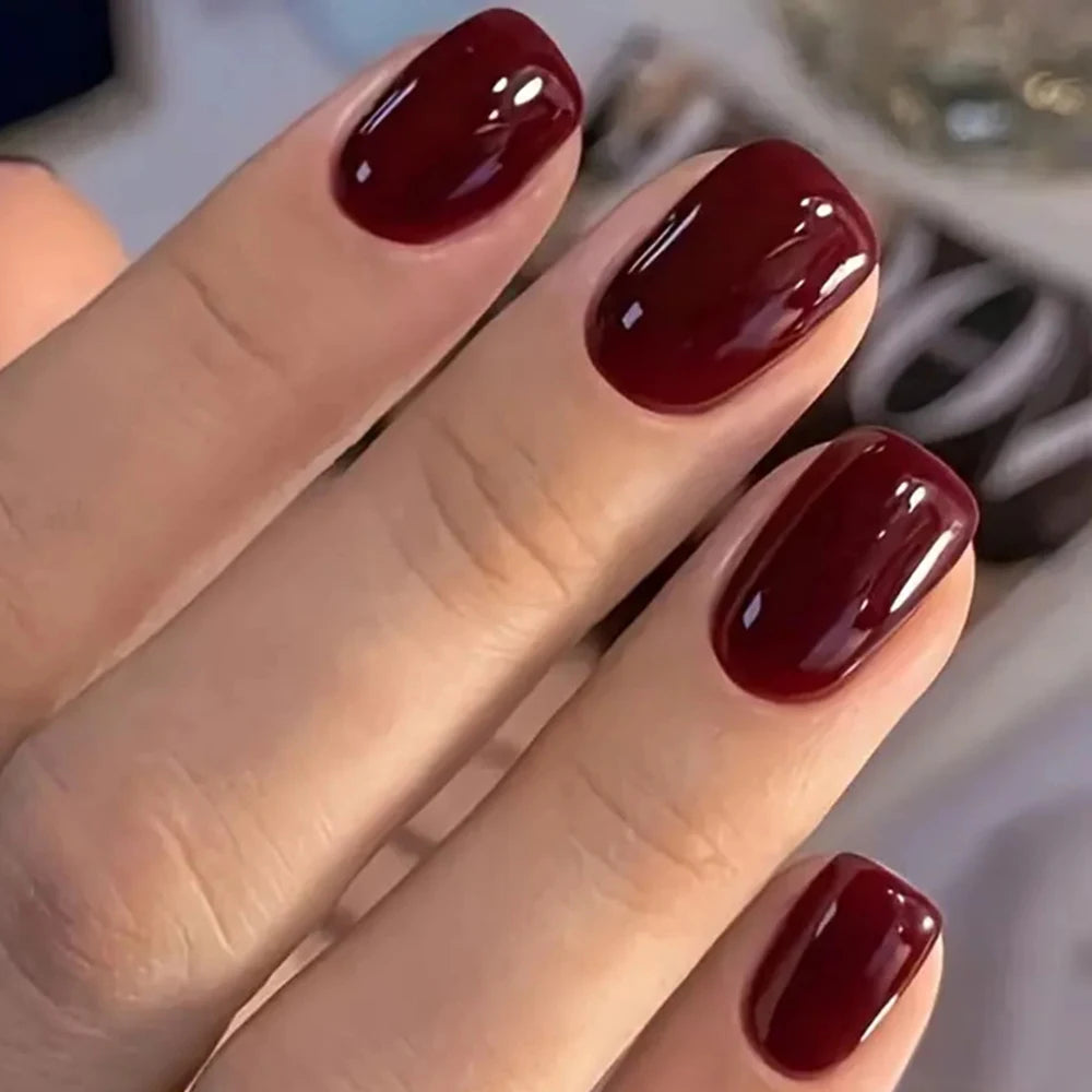 Short Square Wine Red Press On Nails Set - Smarsty