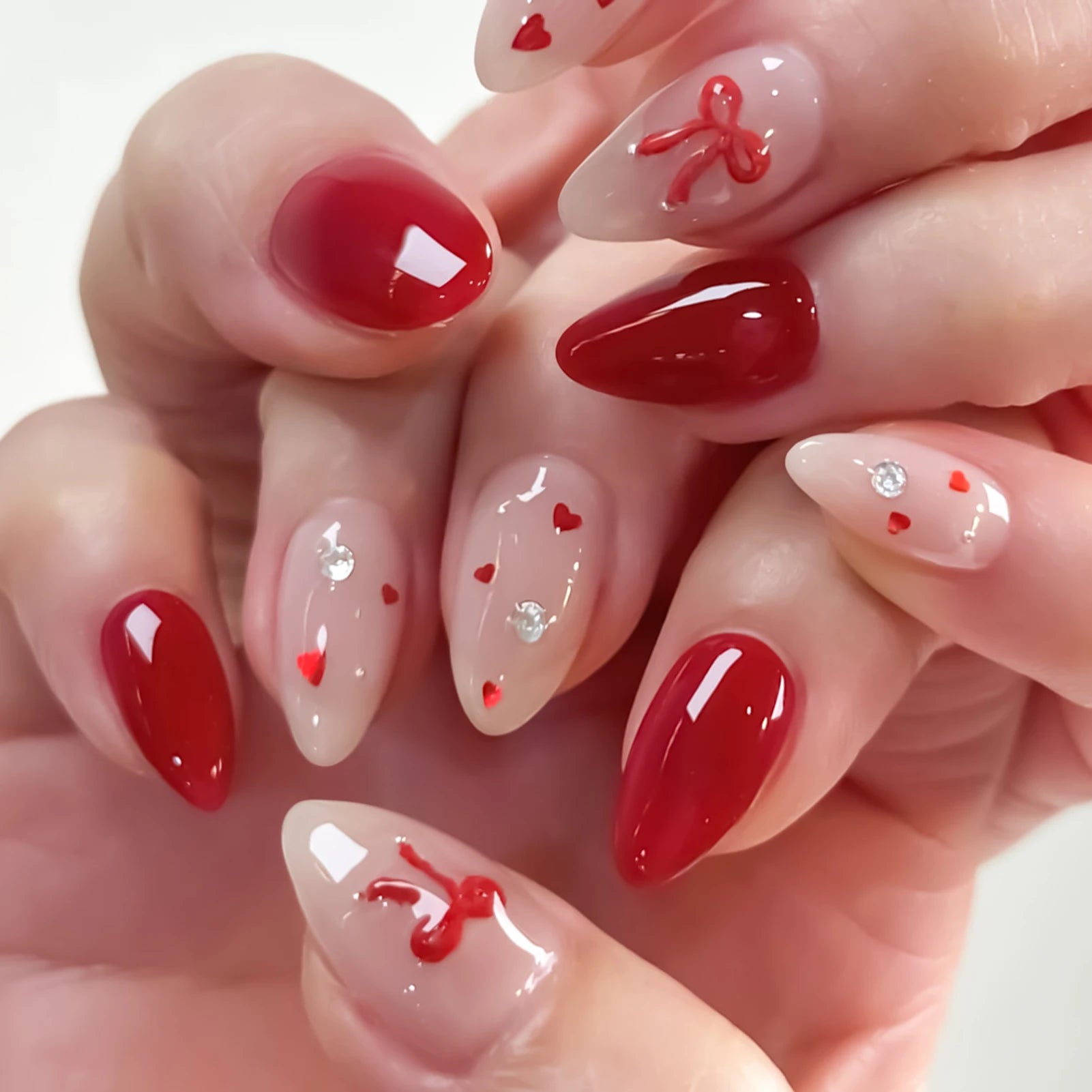 24 Piece Pink Almond Fake Nail Set With Bowknot Design - Smarsty