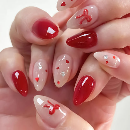 24 Piece Pink Almond Fake Nail Set With Bowknot Design - Smarsty