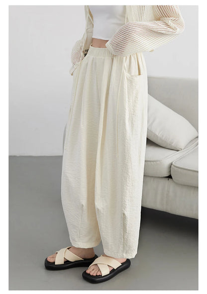 CHIC VEN Women White Pants Solid Casual Elastic Waist High Waisted Pleated Wide Leg Female Trousers  Fold Summer 2025 Clothing - Smarsty