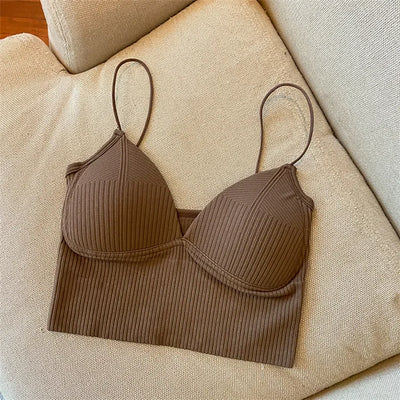 Women Crop Tops Sexy Solid Color Camisole Ice Silk Tube Top Seamless Sports Tank Top Wireless Underwear Padded Bra Bralette Vest - Smarsty
