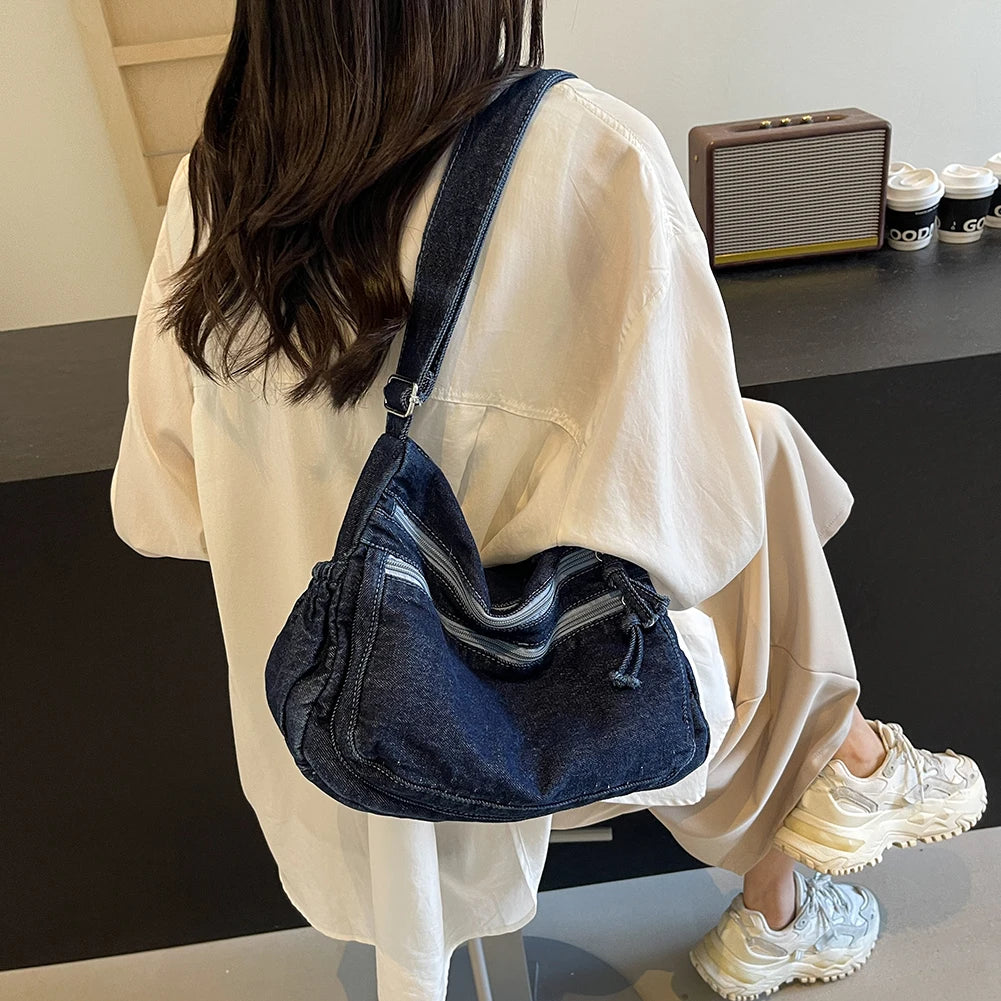 Vintage Denim Shoulder Bag Large Capacity Satchel For Women - Smarsty