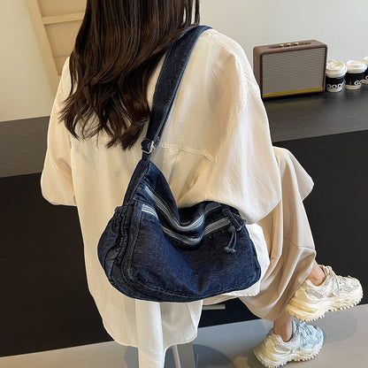 Vintage Denim Shoulder Bag Large Capacity Satchel For Women - Smarsty