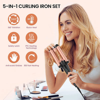 5-in-1 Hair Waver Curling Iron,3 Barrel Hair Crimper with Fast Heating Up - Smarsty