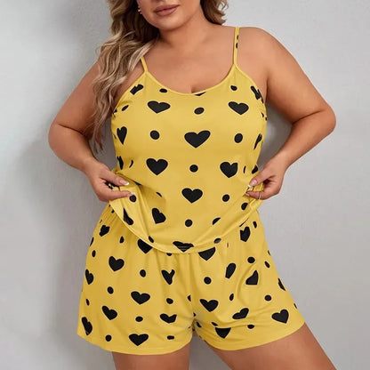 Plus Size Heart Print Women Pajama Set Sleeveless O Neck Crop Top & Elastic Waist Shorts 2 Pieces Female Sleepwear Nightwear - Smarsty