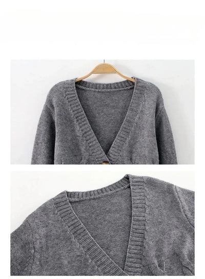 V Neck Cropped Cardigan Women Long Sleeve Twist Knitted Sweater Coats Autumn Winter Keep Warm Korean Fashion Jacket Cardigan - Smarsty