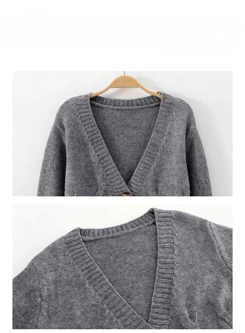 V Neck Cropped Cardigan Women Long Sleeve Twist Knitted Sweater Coats Autumn Winter Keep Warm Korean Fashion Jacket Cardigan - Smarsty