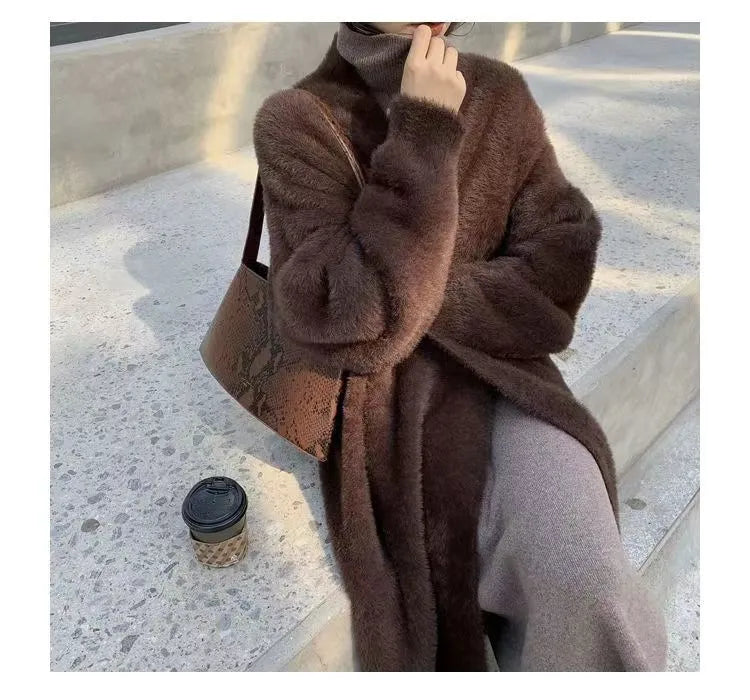 white Long Cardigan for women 2025 new winter clothes Knitted fluffy long sleeve Cashmere sweater coat korean style warm vintage - Smarsty
