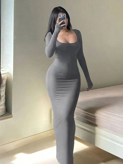 Women's Solid Long Sleeve Bodycon Dress, Chic Basic Minimalist Causual Fashion Scoop Neck Long Dress, Womenswear - Smarsty