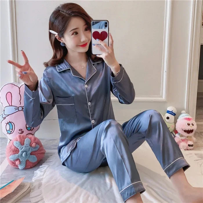 Plus Size Autumn and Winter Silk Pajamas Women Tops and Pants Solid Casual Soft Nightwear Buttons Cardigan Sleepwear Homewear - Smarsty