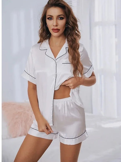 Summer Pijamas Sets Women Sleepwear Silk Satin Button-Down Short Sleeve Tops and Shorts Two-piece Loungewear - Smarsty