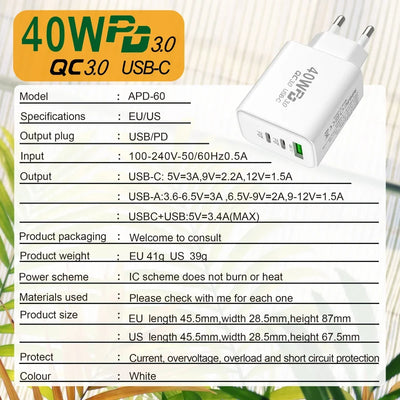 40W USB C PD Fast Charger Multi Port iPhone Xiaomi - Smarsty